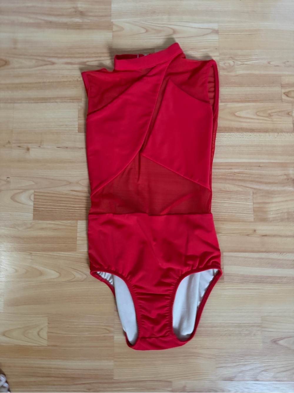 Red Women's Sleeveless Mesh Panel Leotard Bodysuit